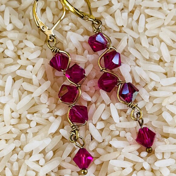 Fuchsia Pink Swarovski Crystal Golden Wire Wrap Dangle Earrings - Picture 3 of 4